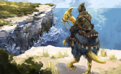 ambiguous_gender armor belt belt_pouch boots bottomwear bridle cliff clothing duo feral footwear harness high_place hood landscape light looking_forward mount outside pants plant reins rider riding saddle scales sea shadow shoes sky sunlight water wave yellow_body yellow_scales babanasaur dinosaur hadrosaurid humanoid ornithischian ornithopod parasaurolophus prehistoric_species reptile scalie 2022 absurd_res hi_res