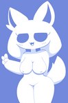 :3 anthro biped blue_background blush breasts female fur genitals gesture hand_gesture medium_breasts navel nude open_:3 open_mouth pussy simple_background solo standing thick_thighs v_sign white_body white_fur semi-auto discord_(app) clyde_(discord) hybrid mammal blue_and_white monochrome