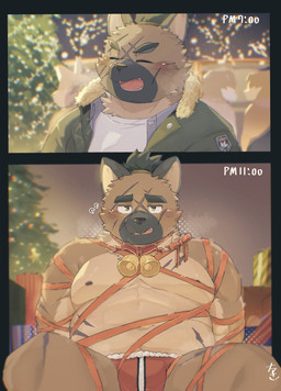 anthro bdsm bell bell_collar belly blush bondage bound brown_body brown_fur bulge clothing collar eyebrows fur gift_wrapped male moobs navel nipples overweight ribbon_bondage ribbons solo thick_eyebrows thong underwear tatsuki_himajin lifewonders tokyo_afterschool_summoners yasuyori_(tas) canid canine canis domestic_dog mammal hi_res