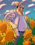 anthro belly belt bottomwear clothed clothing cloud flower fur male overweight overweight_anthro overweight_male pants plant sky solo sunflower tan_body tan_fur nanuk_(artist) nanuk_the_bear bear mammal hi_res