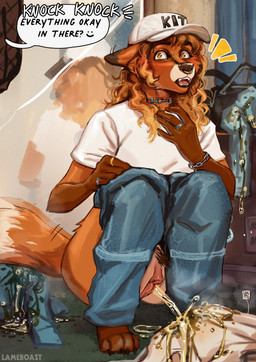 4_toes 5_fingers andromorph andromorph_anthro andromorph_peeing anthro barefoot belt big_clitoris big_vulva biped black_belt black_lips black_pubes black_text blonde_hair blue_bottomwear blue_clothing blue_jeans blue_pants blush blush_lines bodily_fluids bottomwear bottomwear_down bridge_piercing brown_body brown_claws brown_fur brown_nose brown_pawpads carpet caught_in_the_act chain_bracelet chain_necklace claws clitoral_hood clitoris clothed clothed_andromorph clothed_anthro clothing crouching curly_hair denim denim_bottomwear denim_clothing digit_ring digitigrade dipstick_tail facial_piercing fangs feet finger_ring fingers fitting_room fur genital_fluids genitals gold_ring green_carpet hair hat headgear headwear humanoid_genitalia humanoid_hands humanoid_vulva inside intersex intersex_anthro intersex_peeing jeans jewelry lips long_hair looking_aside markings mirror motion_lines multicolored_body multicolored_fur multicolored_hair necklace nose_piercing nose_ring nose_stud offscreen_character open_mouth orange_body orange_fur orange_hair orange_tail outlet pants pants_down partially_clothed pawpads paws peeing peeing_on_clothing piercing pink_tongue pink_vulva piss_destruction price_tag pubes purse ring_piercing septum_piercing septum_ring shirt short_sleeves silver_ring snout solo sound_effects speech_bubble steam store surprised t-shirt tail tail_markings tail_motion tailwag tan_body tan_fur tan_tail tan_tail_tip teeth text text_on_clothing text_on_hat text_on_headwear toe_claws toes tongue topwear two_tone_tail urine urine_stream vandalism vulva watersports wet wet_clothing white_clothing white_hat white_headwear white_shirt white_t-shirt white_text white_topwear wide_hips yellow_eyes lameboast kaimstain canid canine fox mammal red_fox true_fox 2026 english_text hi_res trans_(lore) trans_man_(lore)