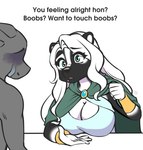 anthro black_nose bodily_fluids breasts cape cleavage clothed clothing dialogue duo female green_eyes hair male male/female tears text white_hair abluedeer bethellium boobs?_wanna_touch_boobs? vanadise mammal mephitid skunk english_text