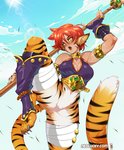 bottomless breasts claws clothed clothing featureless_crotch female hair open_mouth red_hair solo spread_legs spreading staff text luckypan breath_of_fire capcom katt_(breath_of_fire) rinpoo_chuan animal_humanoid felid felid_humanoid feline feline_humanoid humanoid mammal mammal_humanoid satyr woren digital_media_(artwork) shaded url