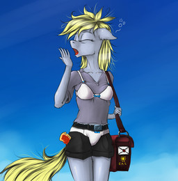 anthro anthrofied bag biped blonde_hair bottomwear bra bread clothing cloud eyes_closed female food fur grey_body grey_fur hair messenger_bag messy_hair open_mouth outside panties shirt shorts sky solo standing tired toast topwear underwear underwear_on_the_outside yawn madhotaru friendship_is_magic hasbro my_little_pony derpy_hooves_(mlp) equid equine horse mammal pony 2013
