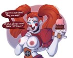 areola blue_eyes breasts dessert dialogue exclamation_point female fingers food holding_food holding_ice_cream holding_ice_cream_cone holding_object ice_cream ice_cream_cone machine nipples open_mouth question_mark solo teeth text tongue white_text mandyfoxy five_nights_at_freddy's scottgames sister_location circus_baby_(fnaf) animatronic humanoid robot robot_humanoid 2023 digital_media_(artwork) english_text