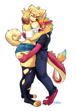 anthro antlers big_breasts big_butt blonde_hair bottomwear bra breast_squish breasts butt butt_grab clothing crop_top curled_tail daisy_dukes denim denim_bottomwear denim_clothing denim_shorts duo eyewear female floppy_ears fur glasses hair hand_on_butt horn hotpants huge_breasts interspecies larger_female legwear male male/female pants red_body red_scales scales shirt shorts size_difference squish stockings t-shirt tail tail_tuft topwear torn_clothing torn_legwear torn_stockings tuft underwear wearing_glasses yellow_body yellow_fur psakorn_tnoi mythology khezu_koyoto canid canine canis domestic_dog dragon mammal mythological_creature mythological_scalie scalie absurd_res hi_res