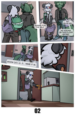 appliance backpack black_clothing black_ears black_jacket black_shirt black_tail black_topwear blue_eyes bottomwear clothing dialogue duo fridge fur green_backpack green_body green_eyes green_fur green_tail heterochromia jacket kitchen_appliance male pants red_eyes shirt speech_bubble tail text topwear white_body white_fur arch3y absurd_res comic english_text hi_res