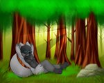 anthro forest hands_behind_head light male neck_tuft nude plant relaxing solo sunlight tree tuft deerrobin dusk_sharpclaw canid canine canis mammal wolf 5:4 hi_res