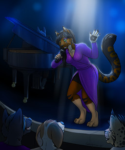 anthro audience black_hair clothing concert concert_hall digitigrade dress electronics female grand_piano green_eyes group hair highlights_(coloring) keyboard_instrument leg_markings long_hair looking_at_another looking_down male markings microphone musical_instrument pawpads performance piano playing_music playing_piano singing smile socks_(marking) sparkles spotlight spotlight_beam stage stripes gaikotsu airam background_character tauski ambiguous_species bobcat canid canine canis domestic_cat domestic_dog felid feline felis lynx mammal wolf 2025 5:6 hi_res signature