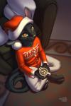 anthro beverage biped candy chocolate christmas_clothing christmas_headwear clothed clothing crossed_legs dessert food fully_clothed hat headgear headwear holidays hot_chocolate inside looking_at_viewer male santa_hat sitting solo northernsprint christmas jem_the_bunnycat domestic_cat felid feline felis hybrid lagomorph leporid mammal rabbit 2018 2:3 absurd_res hi_res