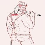 1:1 2017 alexyorim back_muscles biceps bottomwear butt clothing hi_res humanoid looking_at_viewer looking_back male muscular muscular_humanoid muscular_male newsboy_cap not_furry orc orctober pants rear_view red_orctober russian_text simple_background solo stubble suspenders tattoo text tuskbuddy_exchange tusks
