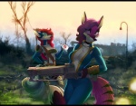 anthro black_bars breasts clothed clothing day duo female fur hair holding_object holding_weapon horn nuka-cola outside purple_body purple_eyes purple_fur purple_hair red_hair smile tail vault_suit weapon sorafoxyteils fallout microsoft selene_leni sora_(sorafoxyteils) canid canine demon fox hybrid mammal