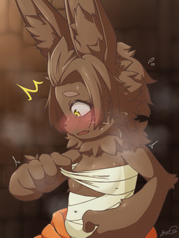 anthro areola areola_slip blurred_background blush blush_lines bodily_fluids bottomwear breasts brown_body brown_fur brown_hair chest_wraps clothed clothing clothing_pull embarrassed female fur hair inner_ear_fluff kemono looking_at_breasts looking_at_own_breasts looking_at_self open_mouth shocked shy small_breasts solo sweat sweaty_breasts tuft whiskers wide_eyed wraps yellow_eyes gafu0320real shangri-la_frontier bilac_(shangri-la_frontier) lagomorph leporid mammal rabbit vorpal_bunny 2025 3:4 digital_drawing_(artwork) digital_media_(artwork) hi_res signature