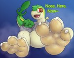 3_toes anthro bodily_fluids claws commanding_viewer dbunno eyewear feet foot_fetish foot_focus generation_5_pokemon glasses hi_res looking_at_viewer male musk nintendo pokemon pokemon_(species) snivy soles solo sweat sweaty_feet talking_to_viewer toe_claws toes