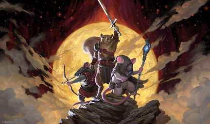 anthro armor arrow_(weapon) biped bow_(weapon) brown_body brown_fur cloud full_moon fur grey_body grey_fur group holding_bow_(weapon) holding_melee_weapon holding_object holding_ranged_weapon holding_staff holding_sword holding_weapon hood male melee_weapon moon pauldron pouch_(clothing) ranged_weapon staff standing sword tail weapon whiskers clint_cearley mammal mouse murid murine rodent sciurid tree_squirrel 2019 digital_media_(artwork)