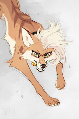asymmetrical_hair bangs black_nose claws collar ear_piercing ear_ring fangs female feral fluffy fluffy_tail fur gold_(metal) gold_ear_ring green_eyes hair jewelry long_bangs looking_at_viewer lying narrowed_eyes on_front orange_body orange_fur piercing ring_piercing sharp_teeth short_hair simple_background smile smirk solo sparkles spiked_collar spikes tail teeth tuft white_body white_fur azzai filou canid canine fox mammal digital_media_(artwork) hi_res