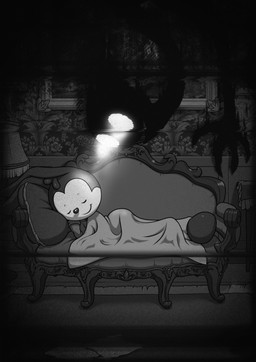 ambiguous_gender anthro bedding biped black_body black_nose blanket closed_smile creepy duo eyes_closed furniture glowing glowing_eyes head_tuft lamp long_ears looking_at_another lying lying_on_sofa male mouth_closed on_side on_sofa painting_(object) pillow sleeping smile sofa toony tuft victorian white_body minum lagomorph leporid mammal monster rabbit 2025 absurd_res greyscale hi_res monochrome