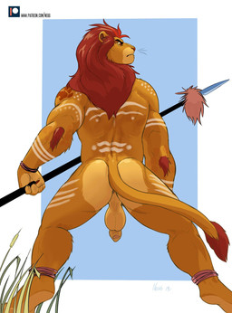 anthro anthrofied anus backsack balls butt foreskin fur genitals hair humanoid_genitalia humanoid_penis loose_foreskin male mane markings melee_weapon nude penis polearm rear_view red_eyes red_hair simple_background solo spear spread_legs spreading standing tattoo tribal weapon yellow_body yellow_fur negy disney the_lion_guard the_lion_king kion_(the_lion_guard) felid lion mammal pantherine 2019 hi_res