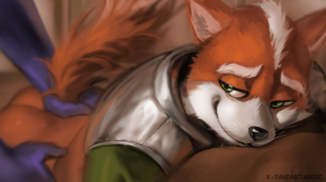 ambiguous_gender anthro black_nose bottomless bottomless_male butt butt_grab clothed clothing disembodied_hand duo eyeliner fluffy fluffy_tail fur green_eyes hand_on_butt makeup male male/ambiguous male_focus orange_body orange_fur smile solo_focus tail tail_grab topwear vest whiskers pandarita nintendo star_fox fox_mccloud canid canine fox mammal absurd_res hi_res