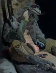 animal_genitalia anthro anus barefoot becoming_erect bodily_fluids bottomwear claws clothed clothing feet fingering genital_fluids genital_slit genitals gun hat headgear headwear holding_gun holding_object holding_ranged_weapon holding_rifle holding_weapon male military military_uniform open_bottomwear open_clothing open_mouth open_pants open_shirt open_topwear painterly pants partially_clothed penis penis_tip plump_slit precum presenting_slit pupils ranged_weapon rifle shirt sitting slit_fingering slit_masturbation slit_pupils soldier solo spread_legs spreading tail tail_anus topwear uniform warrior weapon atlchirico lizard reptile scalie hi_res