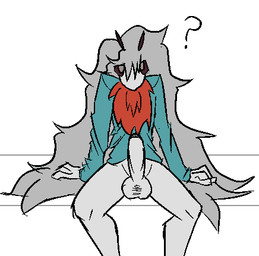 antennae_(anatomy) anthro erection fur genitals grey_body grey_fur hair long_hair male neck_tuft question_mark red_body red_fur simple_background sitting solo tuft white_background dakuterooty taylor_(dakuterooty) arthropod insect lepidopteran moth aliasing digital_media_(artwork) low_res