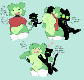 ambiguous_gender anthro areola assisted_exposure beady_eyes big_breasts black_body black_eyes black_fur blue_background blush blush_lines bottomless breast_squish breasts clothed clothing dialogue duo eyelashes female fur genitals green_areola green_body green_fur green_nipples green_sclera holidays huge_breasts legwear male nipple_fetish nipple_pinch nipple_play nipples open_mouth overweight overweight_anthro overweight_female pinch pupils questionable_consent red_clothing red_topwear simple_background slightly_chubby slit_pupils snaggle_tooth squish text thick_thighs thigh_highs topwear under_boob vulva white_clothing white_legwear white_thigh_highs wide_hips snazzle_snapp st._patrick's_day canid canine canis domestic_cat domestic_dog felid feline felis mammal english_text