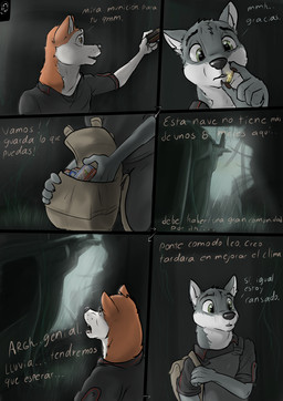 abandoned_building aircraft anthro backpack biped brown_eyes bullet dialogue duo ears_up green_eyes helicopter holding_object male male_anthro text vehicle wolfyalex96 alex_(wolfyalex96) leo_(wolfyalex96) alaskan_malamute canid canine canis domestic_dog mammal nordic_sled_dog spitz wolf hi_res spanish_text translated