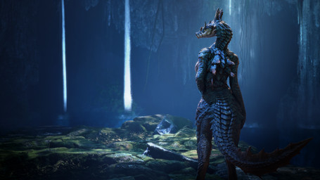 anthro back_spikes big_breasts blue_body blurred_background breasts cave claws curvy_figure detailed_background eyelashes featureless_breasts female female_anthro finger_claws grass hand_on_hip horn hourglass_figure light light_beam long_neck looking_at_viewer looking_back looking_back_at_viewer mouth_closed multicolored_body multicolored_scales non-mammal_breasts nude nude_anthro orange_eyes outside plant pose pupils rear_view rock scales seductive slit_pupils small_waist solo spiked_tail spikes spikes_(anatomy) standing tail tan_body tan_scales text thick_thighs tree two_tone_body two_tone_scales vines water waterfall wide_hips ivorylagiacrus thepasserbye capcom monster_hunter lagiacrus leviathan_(mh) scalie 16:9 2025 3d_(artwork) 4k absurd_res alternate_version_at_source artist_collaboration blender_(artwork) digital_media_(artwork) english_text hi_res huge_filesize widescreen