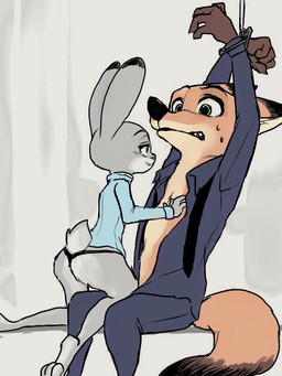 anthro bodily_fluids bound clothed clothing countershading dominant dominant_female duo female fur green_eyes half_undressed larger_male licking licking_lips male necktie open_clothing open_shirt open_topwear scared self_lick shirt simple_background size_difference smaller_female straddling submissive submissive_male sweat thong tongue tongue_out topwear underwear uniform mitsuharu disney zootopia judy_hopps nick_wilde canid canine fox lagomorph leporid mammal rabbit red_fox true_fox 2018 3:4