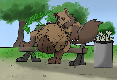abdominal_bulge anthro belly bench big_belly black_sclera bone bone_disposal bone_imprints brown_body brown_fur death digestion digestion_noises fur hand_on_belly huge_belly male mane mass_vore multicolored_body multicolored_fur multiple_prey nude oral_vore outside park park_bench plant reclining rumbling_stomach sitting skull skull_imprint solo trash_can tree two_tone_body two_tone_fur vore yellow_eyes cyberkaiju1 canid canine mammal hi_res