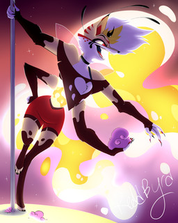 4_arms anthro bottomwear candy clothing cotton_candy dessert female fingers fire food multi_arm multi_limb pole red_bottomwear red_clothing red_shorts sharp_teeth shorts solo teeth wings reddbyrd hellaverse helluva_boss queen_bee-lzebub_(helluva_boss) arthropod canid canine demon fox hybrid insect mammal 2023 digital_media_(artwork) hi_res signature