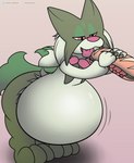 ambiguous_gender anthro belly big_belly fangs foxball fur generation_9_pokemon green_body half-closed_eyes hanging_belly hi_res holding_object inflation meowscarada multicolored_body narrowed_eyes nintendo nude open_mouth pokemon pokemon_(species) simple_background smile solo standing teeth tongue tongue_out
