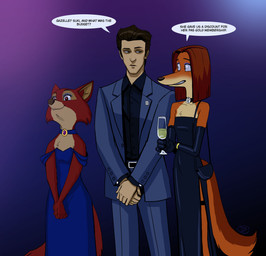 alcohol alternate_universe anthro armwear bag beverage bottomwear champagne champagne_glass clothed clothing container cup dialogue dress drinking_glass elbow_gloves eyeshadow female female_anthro fur glass glass_container glass_cup gloves group hair handwear holding_champagne_glass holding_container holding_cup holding_object makeup male male_human pants simple_background smile speech_bubble standing suit tail text topwear trio sir_paulus disney illumination_entertainment robin_hood_(disney) sing_(movie) maid_marian pavel_(sir_paulus) suki_lane canid canine canis domestic_dog fox human hunting_dog mammal red_fox saluki sighthound true_fox crossover digital_media_(artwork) english_text hi_res