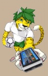 2010 anthro ball biped cellphone clothed clothing digital_media_(artwork) electronics felid fifa green_eyes green_hair hair holding_ball holding_object leopard leopard_spots looking_at_viewer male mammal mascot pantherine paws phone pose product_placement short_hair simple_background smartphone smile soccer soccer_ball solo south_africa sport spots standing tail whiskers wolfy-nail world_cup zakumi