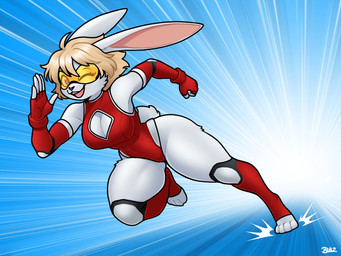 anthro blue_body blue_fur breasts clothing eyelashes eyewear feet female fingerless_gloves fur gloves handwear leotard one_eye_closed red_clothing red_leotard running solo thick_thighs white_body white_fur wink blazbaros lagomorph leporid mammal rabbit 2026 4:3