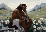 5_fingers anthro areola biped blue_eyes brown_areola brown_body brown_mane brown_nipples brown_tail cloud day detailed_background eyebrows fingers flower flower_crown gloves_(marking) grass male male_anthro mane markings mountain muscular muscular_anthro muscular_male nipples outside pecs plant sitting sky solo tail tree water rednoir_(artist) ganachethehorse equid equine horse mammal 2024 artist_name digital_media_(artwork) hi_res