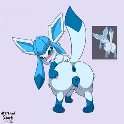 animal_genitalia animal_vulva anus bedroom_eyes big_butt blue_body blue_fur blush butt canine_genitalia canine_vulva female female_feral feral fur genitals hand_on_butt leg_markings looking_at_viewer looking_back looking_back_at_viewer markings narrowed_eyes presenting presenting_hindquarters quadruped raised_tail seductive socks_(marking) solo tail teasing thick_thighs tribute vulva wide_hips conditional_dnp mythicalshork terraraptor nintendo pokemon canid canine eeveelution generation_4_pokemon glaceon mammal pokemon_(species) 1:1 2026 colored dated digital_media_(artwork) hi_res reference_image shaded signature