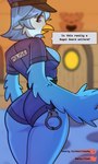 absurd_res anthro avian beak belt bird blue_body blue_eyes blue_feathers blush breasts butt clothing cuff_(restraint) english_text feathers female handcuffs hi_res martlet_(undertale_yellow) metal_cuffs misa_risan monster open_suit police police_hat police_uniform restraints solo text tight_suit undertale_yellow uniform wings worried worried_look