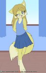 anthro barefoot blonde_hair blue_eyes bottomwear clothed clothing dipstick_tail eyewear feet female fur furgonomics glasses hair long_hair markings shirt skirt solo tail tail_markings tail_through_skirt tank_top topwear yellow_body yellow_fur young young_female fuf polymorph canid canine fox mammal hi_res