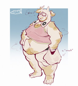 anthro arm_hair beard belly belly_hair big_belly body_hair chest_hair clothing ear_piercing eyewear facial_hair gauged_ear glasses hair hairy happy_trail holding_bag horn leg_hair male moobs navel overweight overweight_male piercing ponytail shirt simple_background smile solo standing tank_top text thick_thighs topwear katwomp undertale undertale_(series) asriel_dreemurr boss_monster_(undertale) english_text hi_res