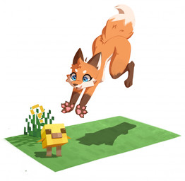 3_toes 4_fingers ambiguous_gender anthro barefoot beak blue_eyes breasts claws digitigrade duo fangs feet female fingers fur hunting imminent_death jumping looking_at_another nude open_mouth orange_body orange_fur pawpads pounce question_mark simple_background smile tail teeth toes white_body white_fur miakameron microsoft minecraft mojang xbox_game_studios avian bird canid canine chicken chicken_(minecraft) fox fox_(minecraft) galliform mammal phasianid 2026 digital_media_(artwork) hi_res