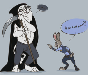 anthro asking asking_another barefoot clothing color_coded color_coded_speech_bubble dialogue duo ellipsis feet female footwear fur hood_up hooded_cloak male melee_weapon multicolored_body polearm police police_uniform purple_eyes question scut_tail scythe short_tail simple_background size_difference speech_bubble standing tail talking_to_another text toeless_footwear two_tone_body uniform weapon white_body white_fur unknown_artist disney zootopia death_(personification) grim_reaper judy_hopps felid lagomorph leporid lion mammal pantherine rabbit hi_res russian_text translation_check translation_request