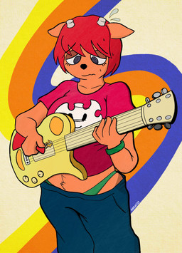 2_horns anthro belly_tuft ben_day_dots blue_background blue_bottomwear blue_clothing blue_pants bodily_fluids bottomwear clothing electric_guitar eyebrow_through_hair eyebrows eyelashes female fur green_clothing green_panties green_underwear guitar guitar_pick hair holding_object horn musical_instrument orange_background orange_body orange_fur oversized_bottomwear oversized_clothing oversized_pants panties pants playing_guitar playing_music plucked_string_instrument pointy_ears prick_ears red_clothing red_hair red_shirt red_topwear sagging_pants shirt simple_background solo spiral spiral_eyes standing string_instrument sweat sweatdrop sweatdrop_(iconography) topwear translucent translucent_hair tuft underwear wristband y2k_(fashion) yellow_background rrratbastard parappa_the_rapper sony_corporation sony_interactive_entertainment um_jammer_lammy lammy_lamb bovid caprine mammal sheep 2023 dated hi_res portrait signature three-quarter_portrait