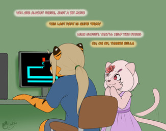 anthro blonde_hair bottomwear chair clothing computer duo electronics female fur furniture hair impending_jumpscare multicolored_body multicolored_fur pink_body pink_fur prank red_eyes shirt short_hair skirt stripes tail tail_motion tailwag tied_hair topwear catsockjus bella_(catsockjus) lily_(catsockjus) felid mammal pantherine hi_res