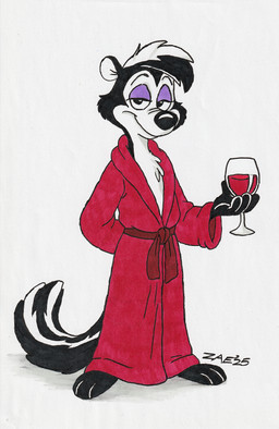 4_fingers alcohol anthro bathrobe beverage biped black_body clothing fingers fur hair holding_object male robe shadow simple_background smile solo standing stripes tail toony white_background white_body white_fur wine zaeryn looney_tunes warner_brothers pepe_le_pew mammal mephitid skunk 2025 full-length_portrait hi_res portrait signature traditional_media_(artwork)
