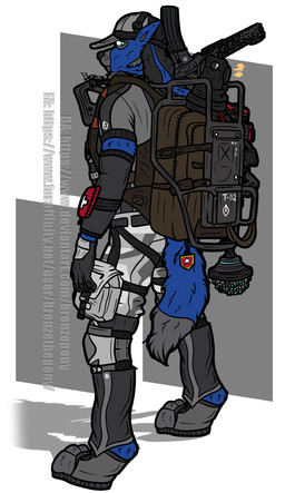 anthro backpack baseball_cap blue_body blue_fur blue_tail bottomwear cargo_pants clothing dipstick_tail fur grey_body grey_fur grey_tail_tip gun hat headgear headwear looking_back male markings pants ranged_weapon solo tactical_gear tail tail_markings weapon bronzepony rook_(bronzepony) canid canine canis mammal wolf 2025 digital_drawing_(artwork) digital_media_(artwork) english_description hi_res