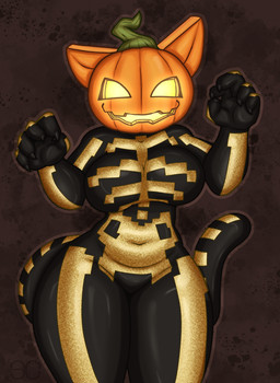 anthro big_breasts bodysuit breasts claws clothing female food for_a_head fruit glistening glistening_body glistening_breasts glowing glowing_eyes glowing_mouth paw_pose plant pose pumpkin skeleton_costume skinsuit smile solo tail thick_thighs tight_clothing sludgecentric epic_games fortnite spice_(fortnite) felid feline mammal object_head absurd_res hi_res