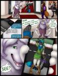 anthro clothed clothing cosplay dialogue electronics femboy first_person_view group male phone smile standing text pinkushika staggard nintendo the_legend_of_zelda link princess_zelda canid canine mammal comic english_text hi_res