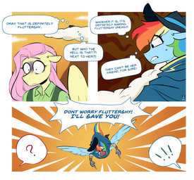 anthro blue_body clothing exclamation_point female flying gun hair handgun hat headgear headwear multicolored_hair multicolored_tail pink_hair poncho question_mark rainbow_hair rainbow_tail ranged_weapon revolver scared solo tail text thought_bubble weapon wings yellow_body redxbacon friendship_is_magic hasbro my_little_pony mythology fluttershy_(mlp) rainbow_dash_(mlp) equid equine mammal mythological_creature mythological_equine pegasus comic english_text hi_res