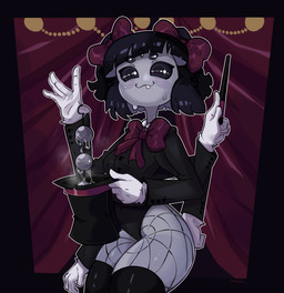 5_eyes 6_arms accessory ambiguous_fluids anal_beads aroused aroused_face bangs bite biting_lip biting_own_lip black_clothing black_eyes black_hair black_legwear black_sclera black_suit black_thigh_highs black_topwear blunt_bangs blush blush_lines bodily_fluids bow_(feature) bow_accessory bow_ribbon bow_tie breasts butt closed_smile clothed clothed_female clothed_humanoid clothing curtains cute_fangs eye_through_hair eyelashes fangs female female_humanoid fingers fishnet_clothing fishnet_leggings fishnet_legwear front_view gesture gloves grey_body grey_skin hair hair_accessory hair_bow hair_ribbon hand_gesture hand_on_hip handwear hat headgear headwear holding_clothing holding_hat holding_headgear holding_headwear holding_object leggings legwear looking_pleasured magic_trick magic_wand magician mouth_closed multi_arm multi_eye multi_limb navel_outline one_fang pigtails pose red_bow red_bow_tie ribbons self_bite sex_toy short_hair smile snaggle_tooth solo suggestive suit sweat sweatdrop teeth thick_thighs thigh_highs top_hat topwear translucent translucent_hair twin_bows twin_hair_bows wand white_clothing white_gloves white_handwear wide_hipped_female wide_hipped_humanoid wide_hips imerald undertale undertale_(series) muffet animal_humanoid arachnid arachnid_humanoid arthropod arthropod_humanoid humanoid spider spider_humanoid absurd_res hi_res